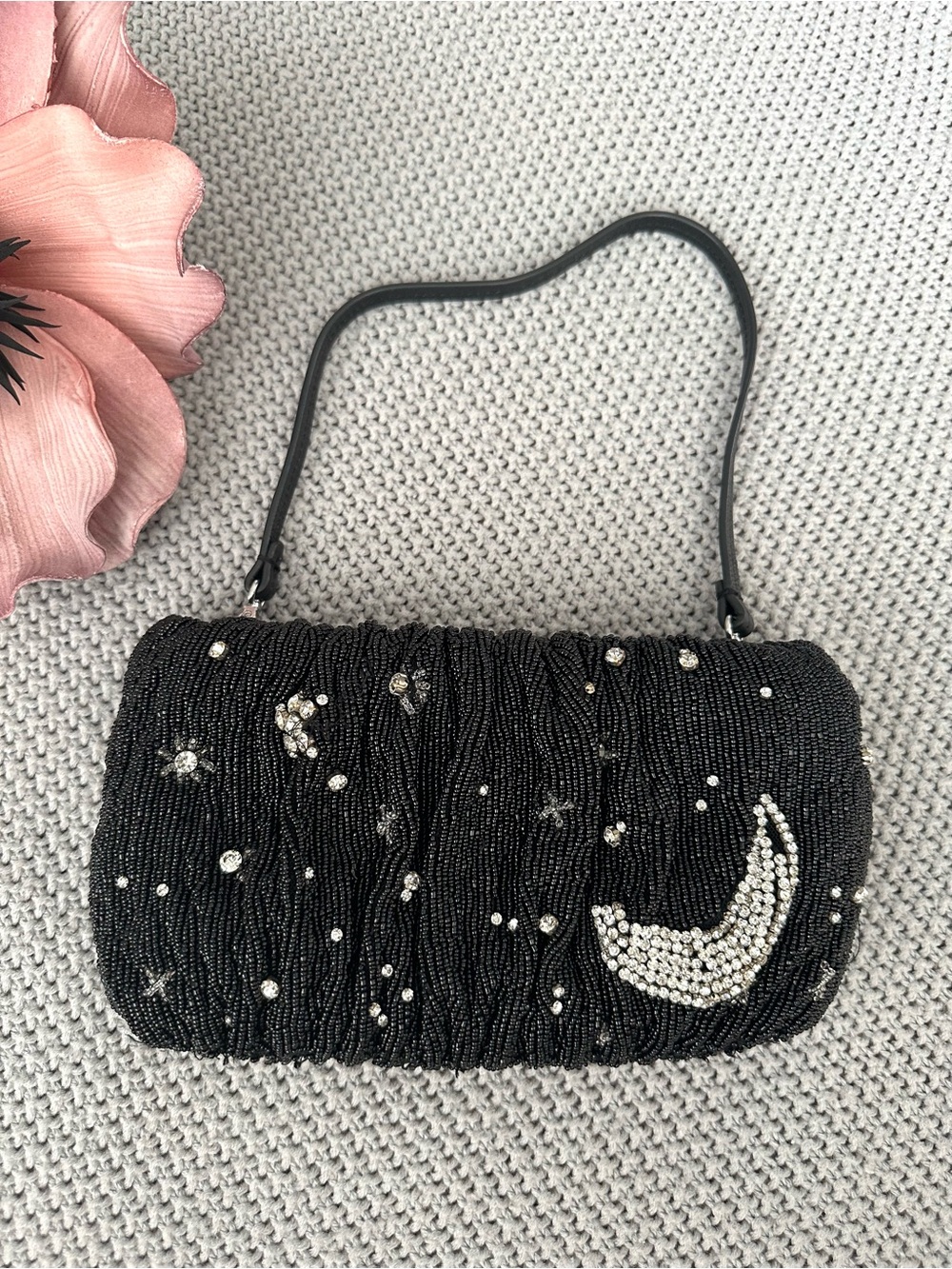 Staud Beaded Bean Black Clutch Bag - Rhinestone Constellation Moon & Stars